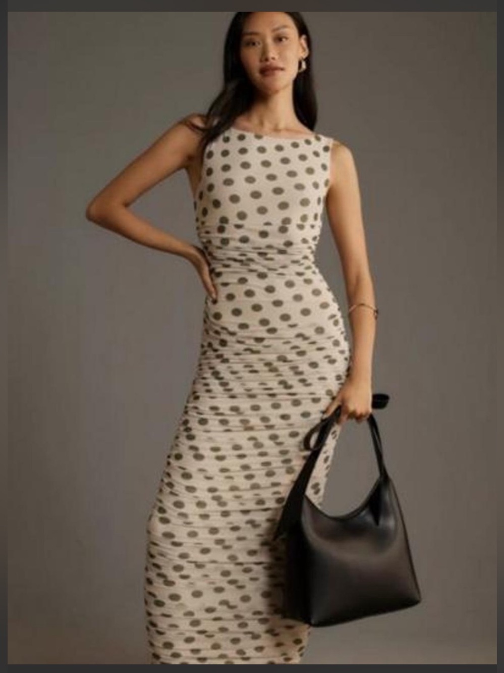 NWT AFRM Anthropologie aisla mesh fitted ruched midi polka dot dress green ivory